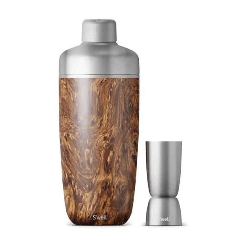 S'well Stainless Steel Shaker Set with Jigger, 18oz, Teakwood, Triple Layered Vacuum Insulated Container Keeps Cocktails Colder for Longer, BPA Free Barware - Image 1